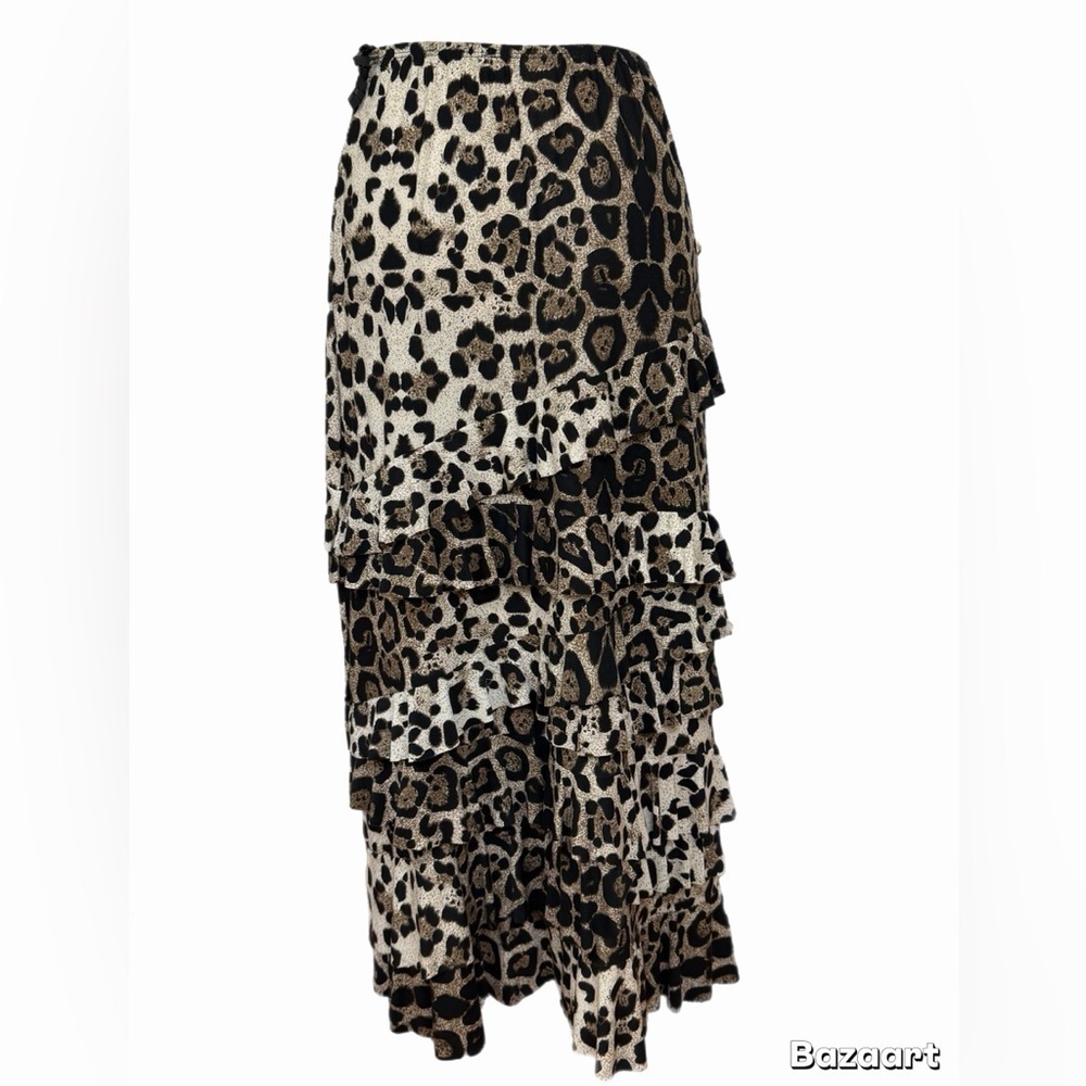 Coco Bianco Leopard Print Tiered Ruffle Maxi Skirt Women’s Small Pull-On - Picture 5 of 6